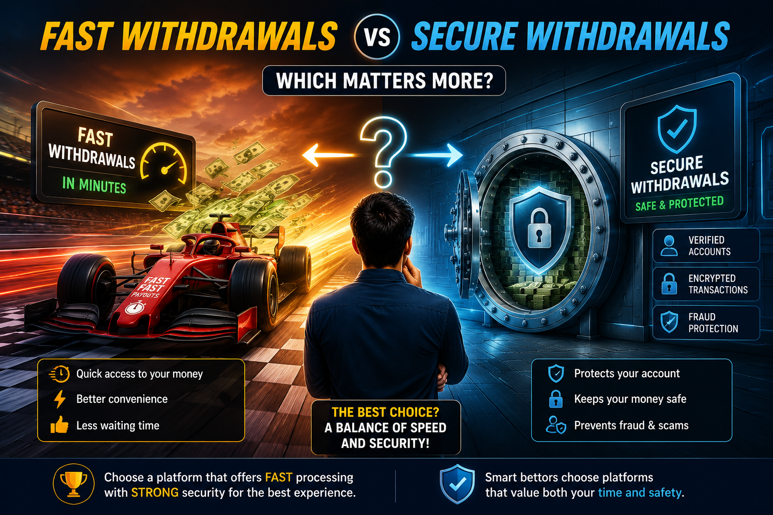 Visual comparison showing the difference between fast betting withdrawals and secure withdrawal processes.