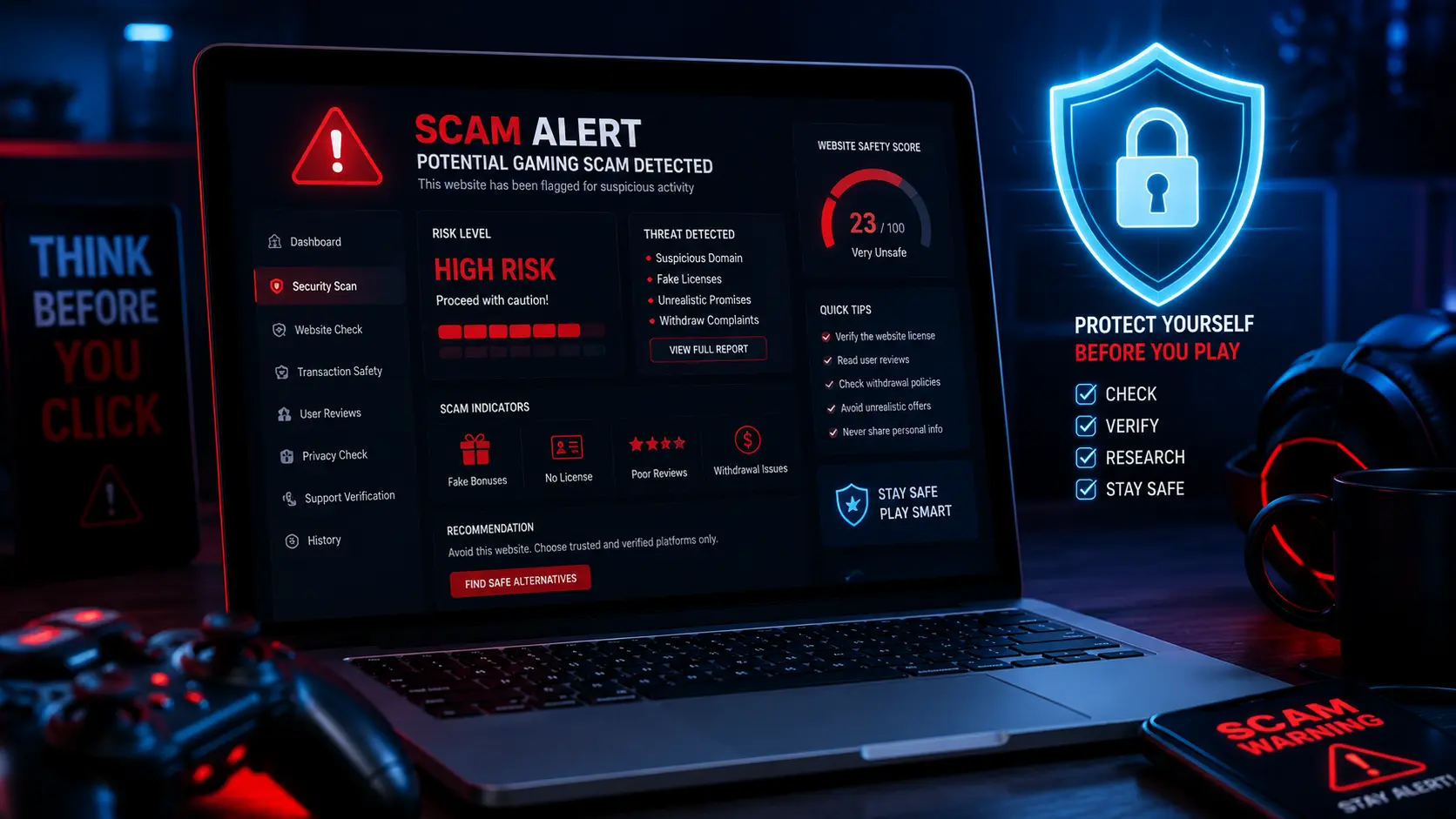 Online gaming scam awareness concept showing laptop with scam alerts, cybersecurity warnings, security shield icon, and digital fraud detection dashboard.