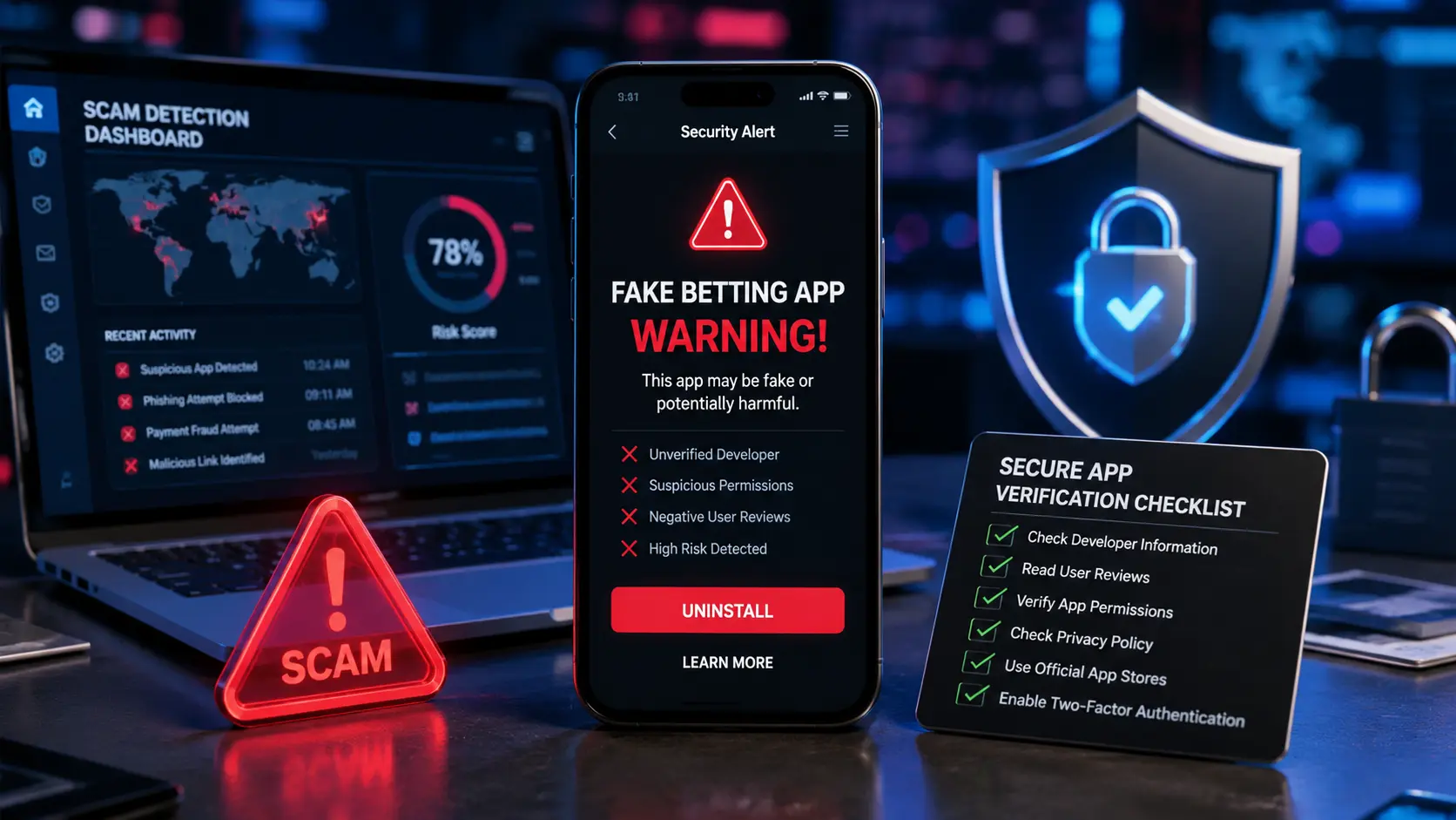 Smartphone displaying fake betting app warning with cybersecurity shield, scam alerts, and secure app verification dashboard.