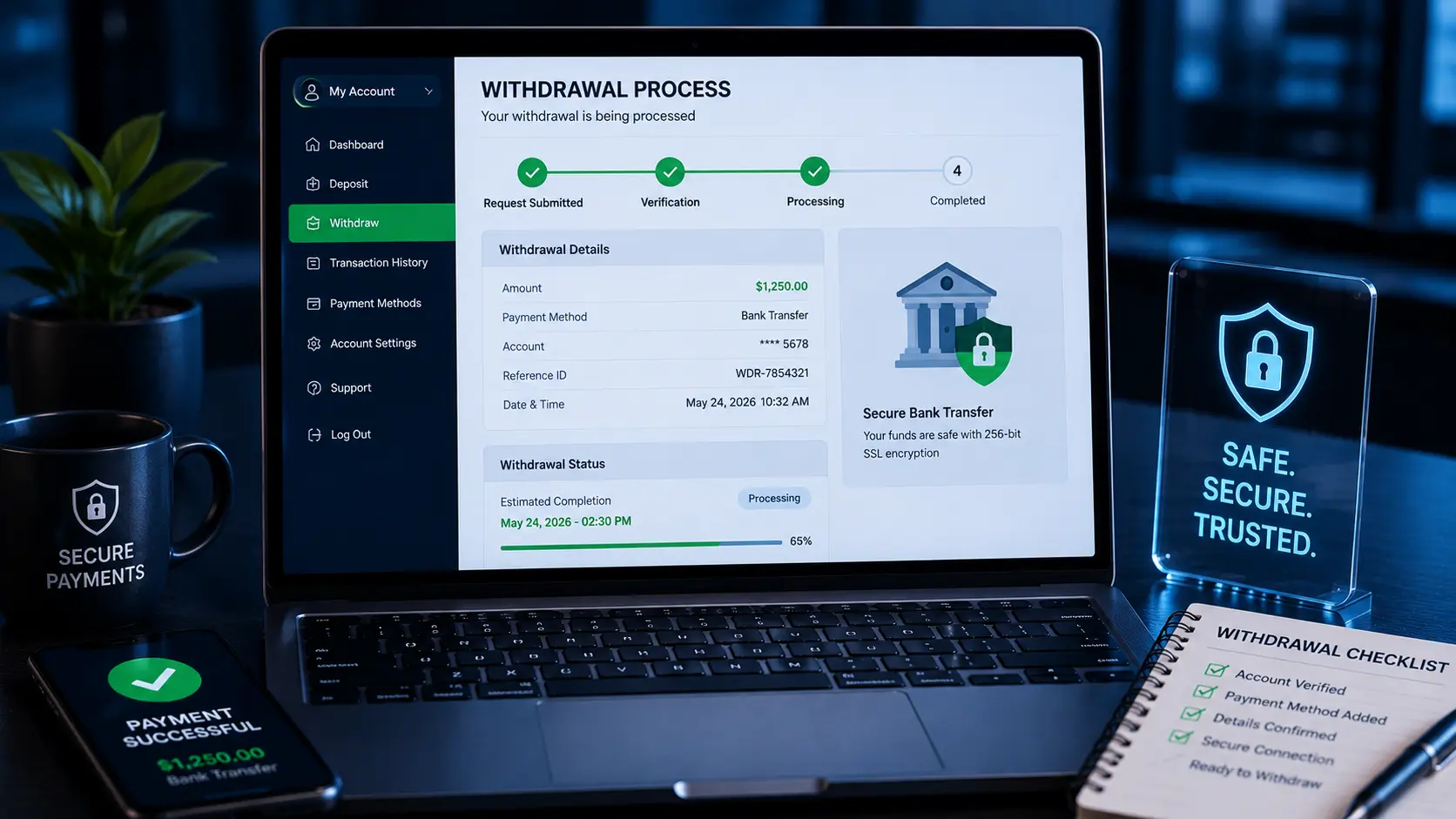 Illustration of a secure online withdrawal process with payment dashboard, digital wallet, bank transfer, and security shield icon.