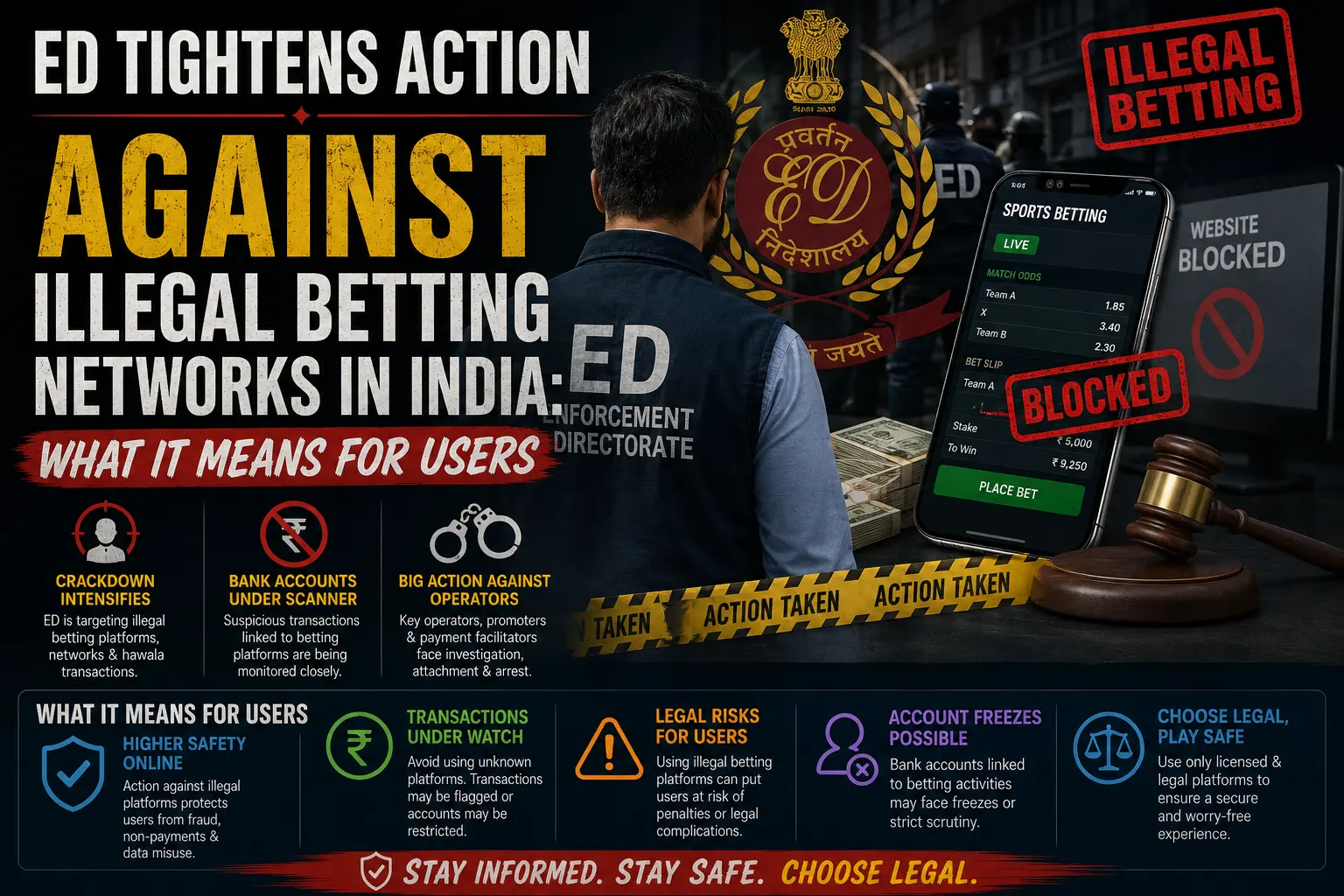 Professional illustration showing Enforcement Directorate crackdown on illegal betting websites with cybersecurity dashboard and digital security shield.